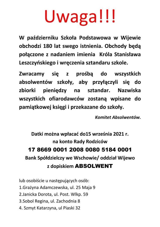 informacje o zbiórce pieniędzy na sztandar 