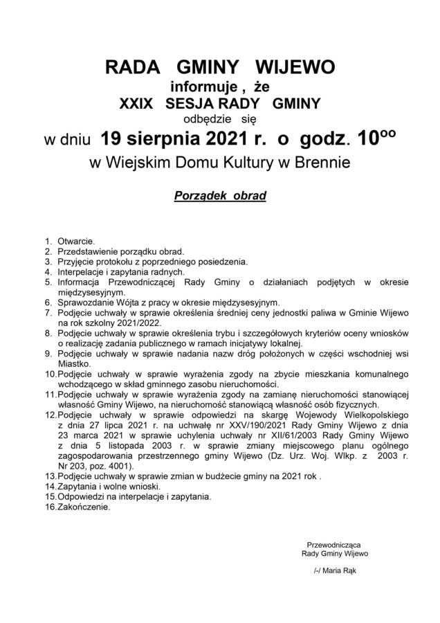 informacje o sesji Rady Gminy oraz o porządku obrad 