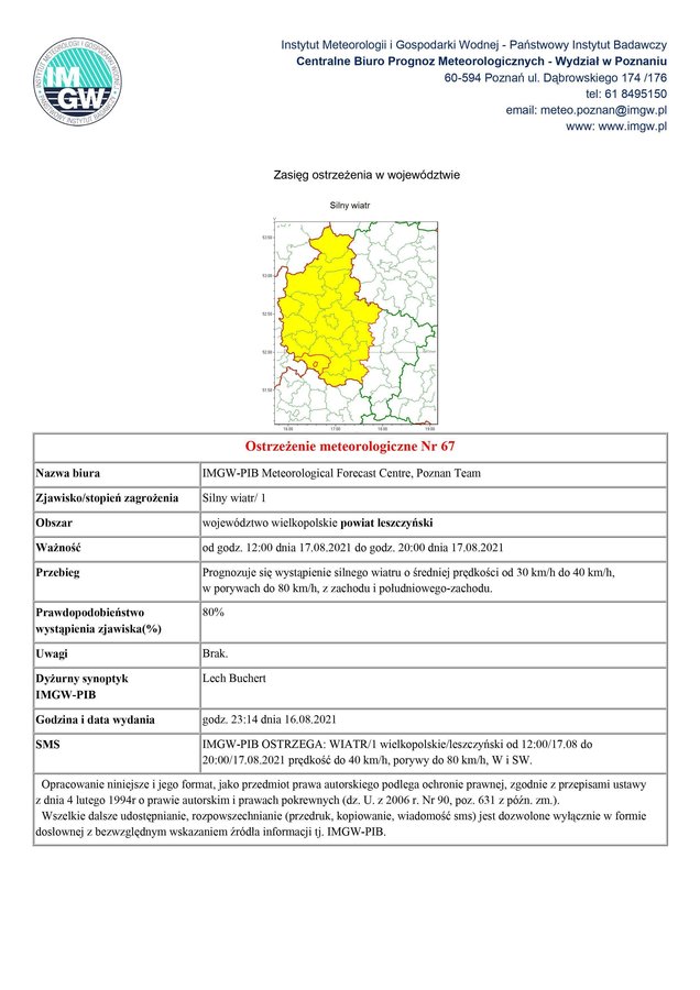 Zdjęcie przedstawia wszelkie informacje dotyczące ostrzeżenia meteorologicznego 