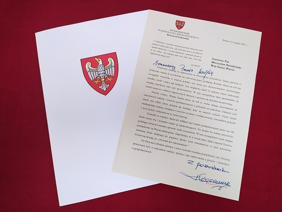 Zdjęcie przedstawia list od Wicemarszałka Województwa Wielkopolskiego Krzysztofa Grabowskiego 