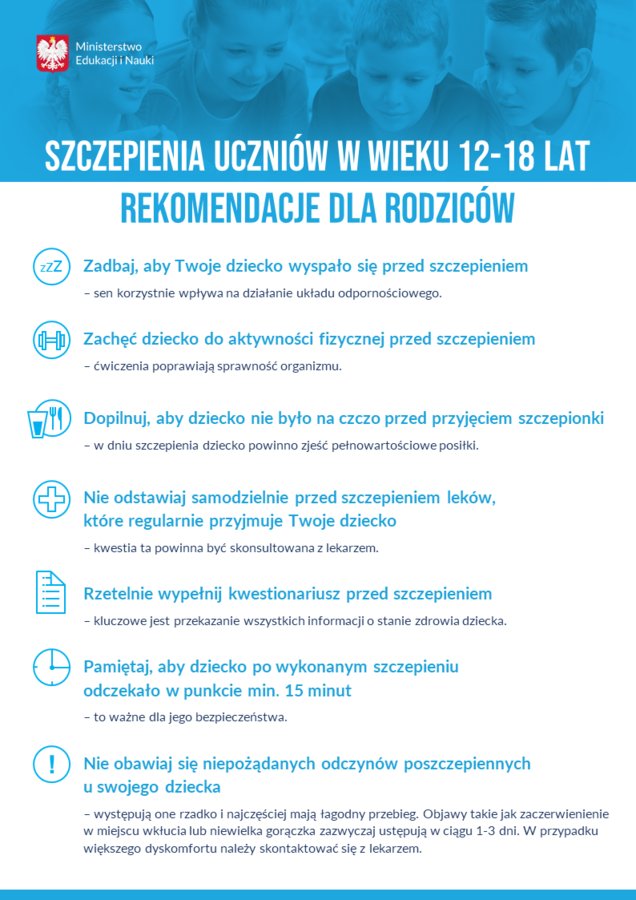 Plakat zachęcający uczniów w wieku 12-18 lat do szczepień 