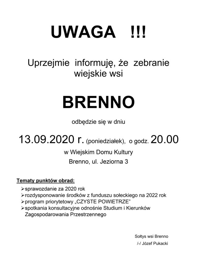 Plakat z informacjami o zebraniu wiejskim w Brennie 