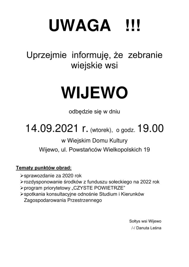 Plakat informujący o zebraniu wiejskim wsi Wijewo