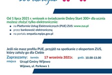 17 września 2021 r. w Urzędzie Gminy Wijewo odbędzie się spotkanie z ekspertem ZUS dot. składania wniosków o świadczenie Dobry Start 300+