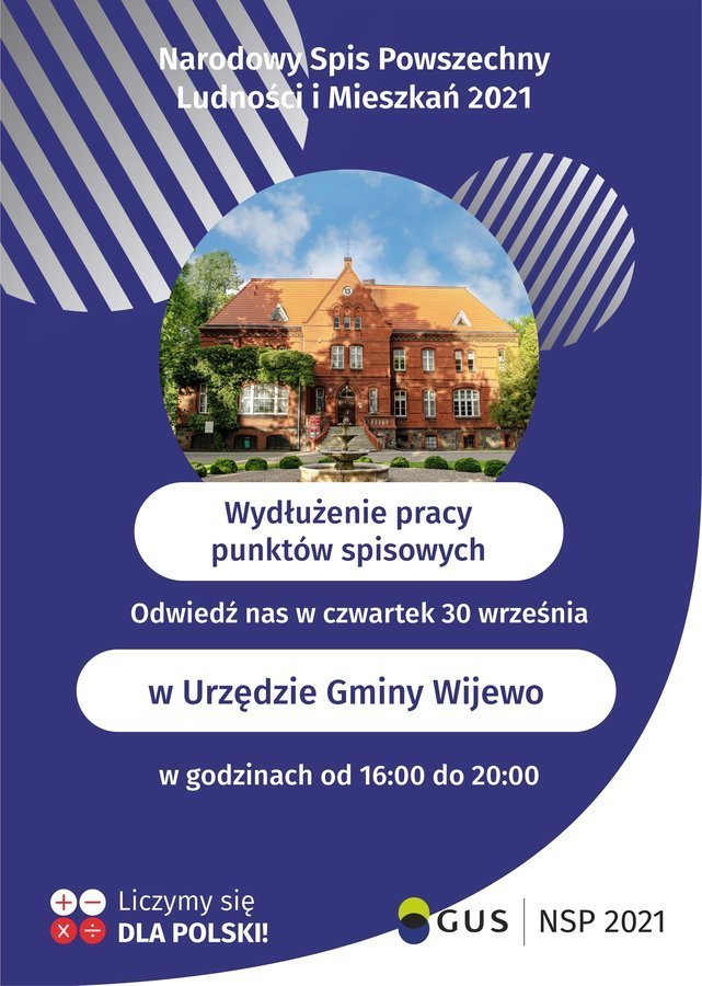 informacja o wydłużeniu pracy punktu spisowego w urzędzie gminy od godziny 16 do godziny 20