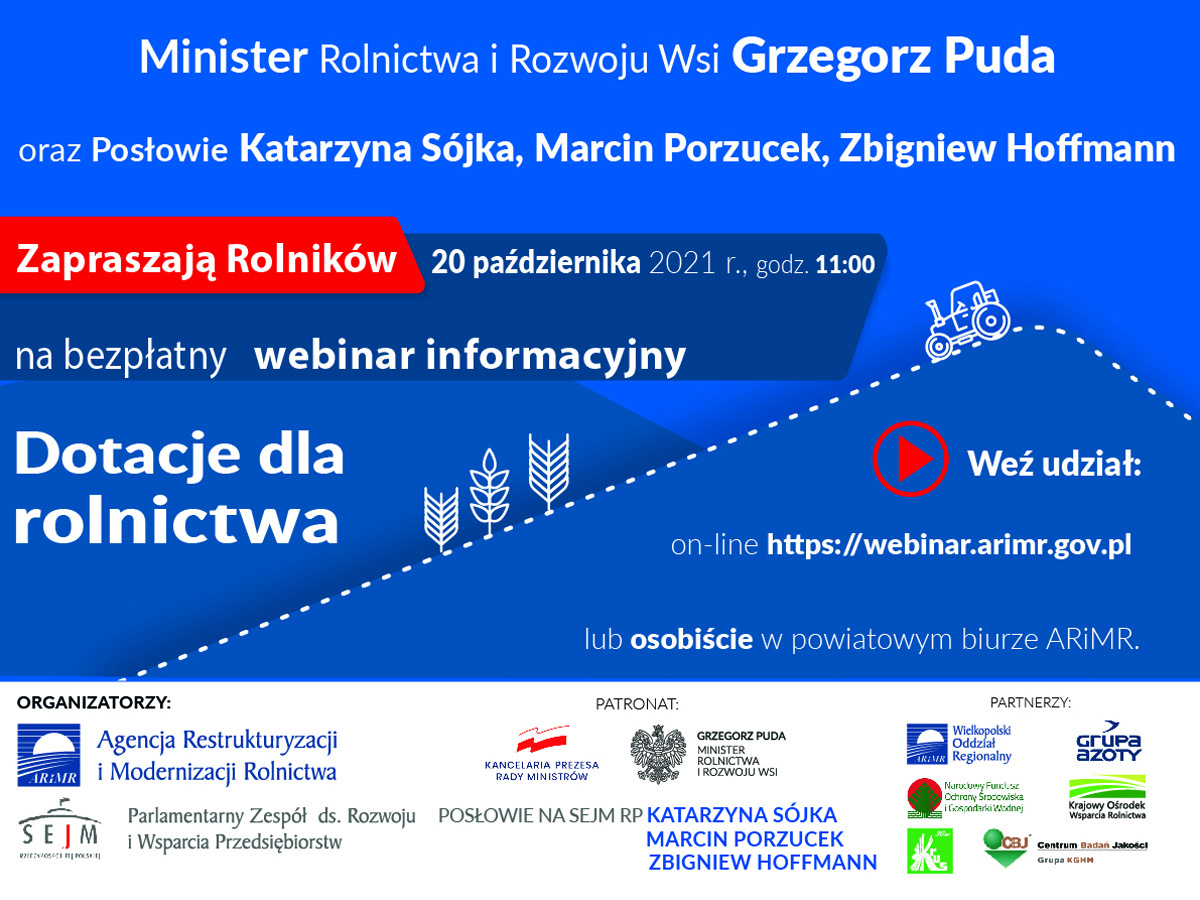 Plakat zapraszający rolników na bezpłatny webinar informacyjny 
