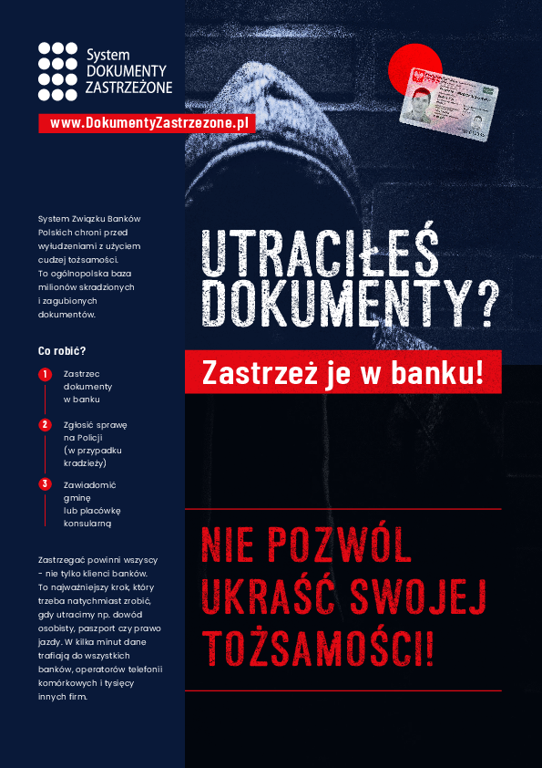 Plakat informujący co zrobić w przypadku utracenia dokumentów