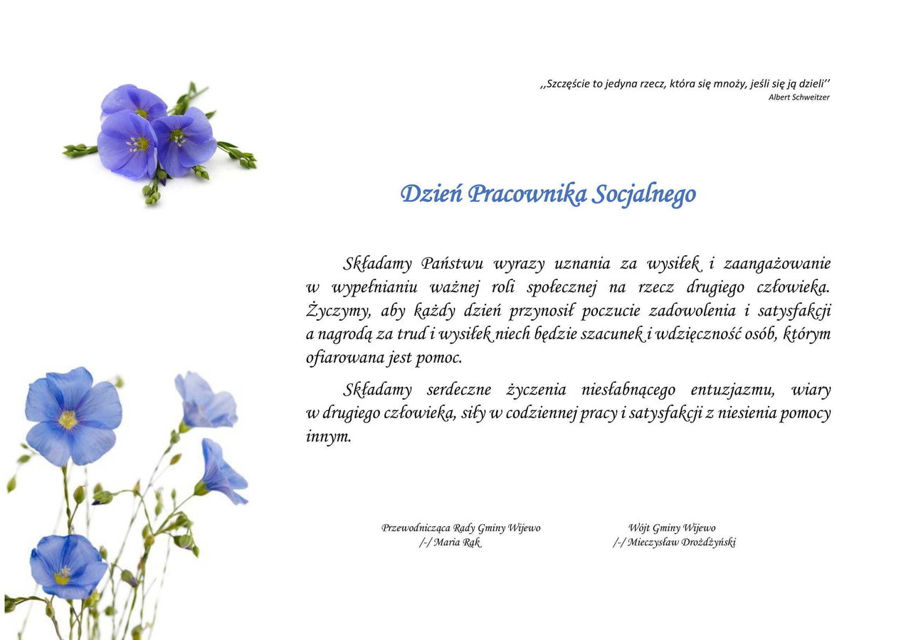 Grafika zawiera życzenia z okazji Dnia Pracownika Socjalnego oraz obrazki kwiatów