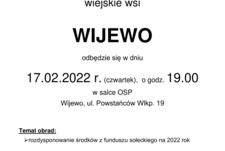 Serdecznie zapraszamy mieszkańców na zebranie wiejskie w Wijewie