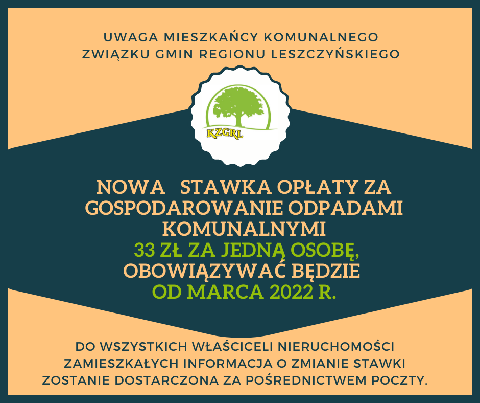 plakat KZGRL , dotyczący miesięcznej stawki za odpady komunalne