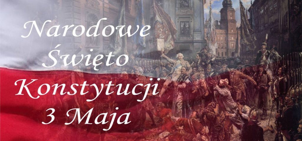 Napis Narodowe Święto Konstytucji 3 maja na obrazie oraz fladze Polski