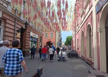 Uczestnicy klubu seniora i opiekunowie zwiedzają rynek w Lesznie