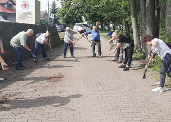 Zdjęcie przedstawia uczestników Klubu Seniora podczas zajęć nordic walking