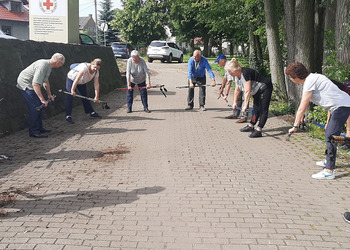 Zdjęcie przedstawia uczestników Klubu Seniora podczas zajęć nordic walking