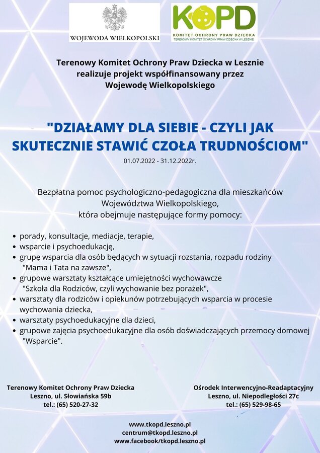 Plakat reklamujący bezpłatną pomoc psychologiczno-pedagogiczna w Terenowym Komitecie Ochrony Praw Dziecka w Lesznie