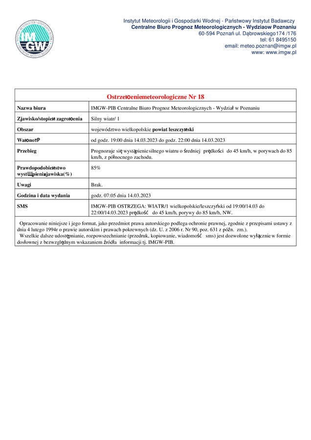 informacja - ostrzeżenie meteorologiczne