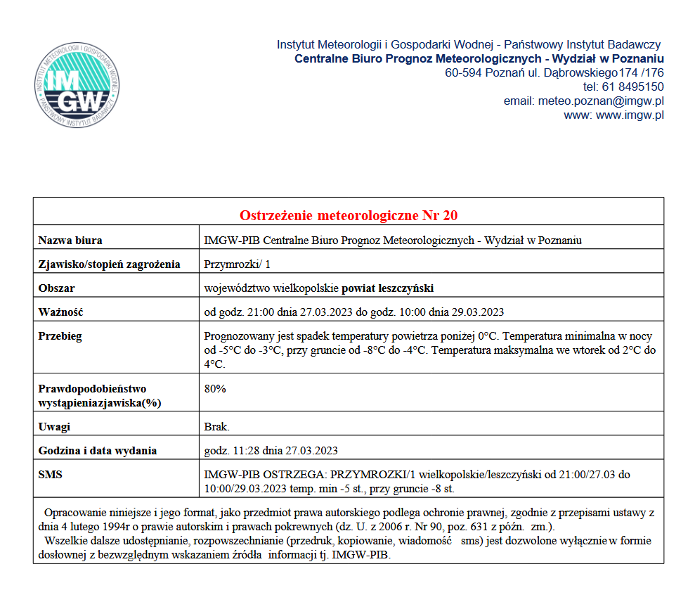 komunikat informujący o przymrozkach w dniach 27.03-29.03 