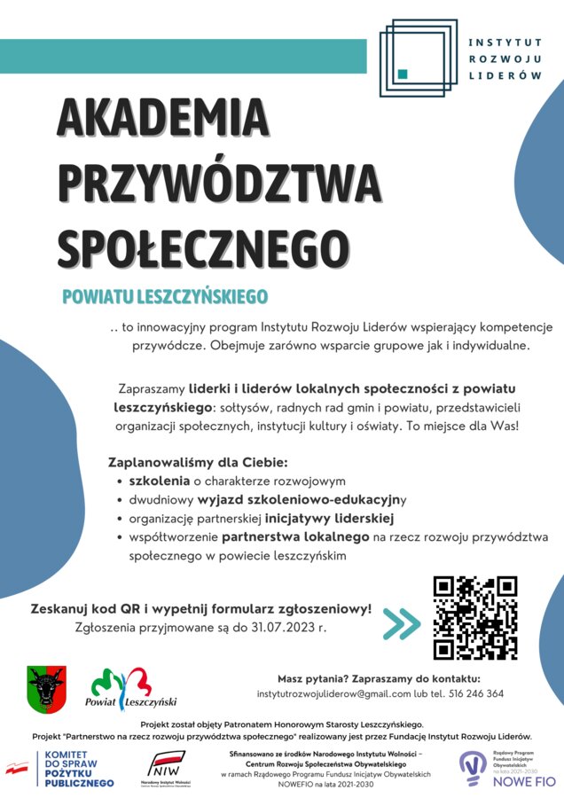 plakat dotyczący Rekrutacji do Akademii Przywództwa Społecznego Powiatu Leszczyńskiego