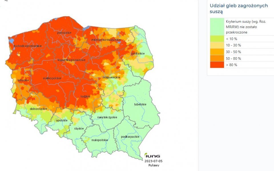 zdjęcie przedstawia mapę rozmieszczenia upałów w Polsce