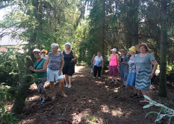 Zdjęcie przedstawia Seniorów zwiedzających ogród