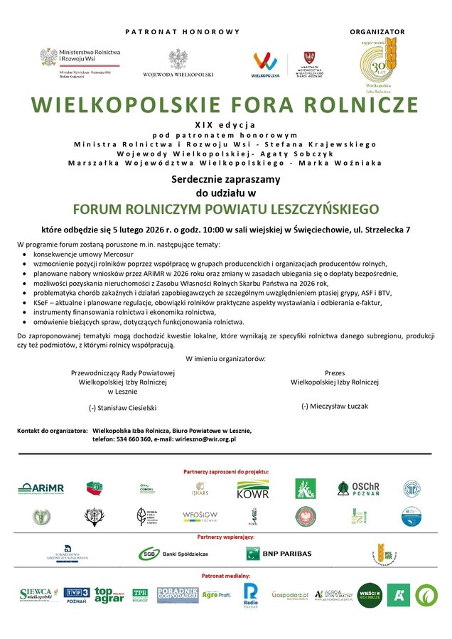 Plakat - zaproszenie na Forum Rolnicze Powiatu Leszczyńskiego